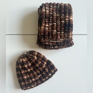 Hand Knit Brown and Tan Knit Hat and Scarf Set
